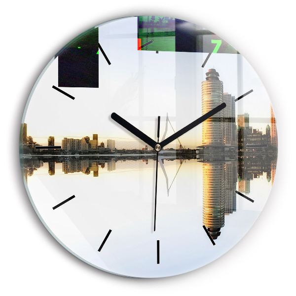 Round glass clock A city on the river