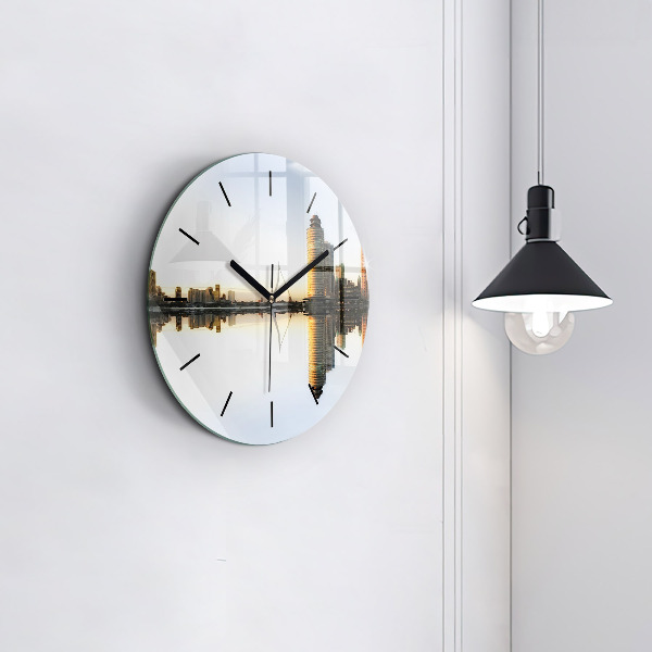 Round glass clock A city on the river