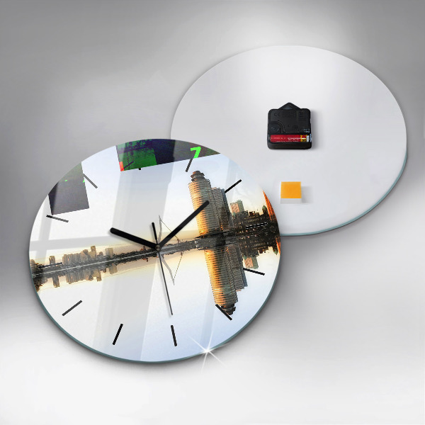 Round glass clock A city on the river