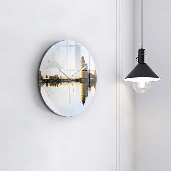 Round glass clock A city on the river