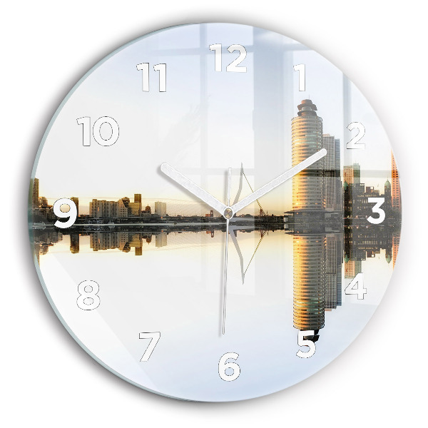 Round glass clock A city on the river