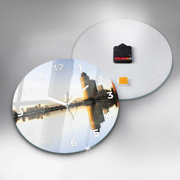 Round glass clock A city on the river