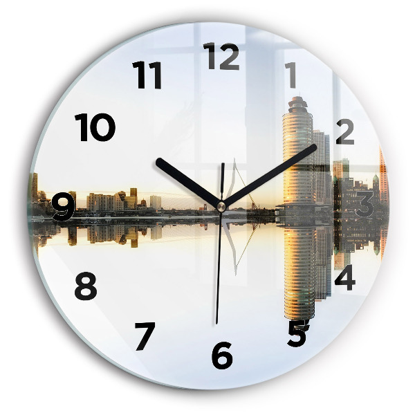 Round glass clock A city on the river