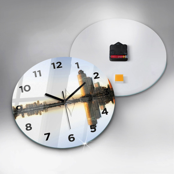 Round glass clock A city on the river