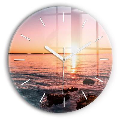Round glass clock Rocks at sunset