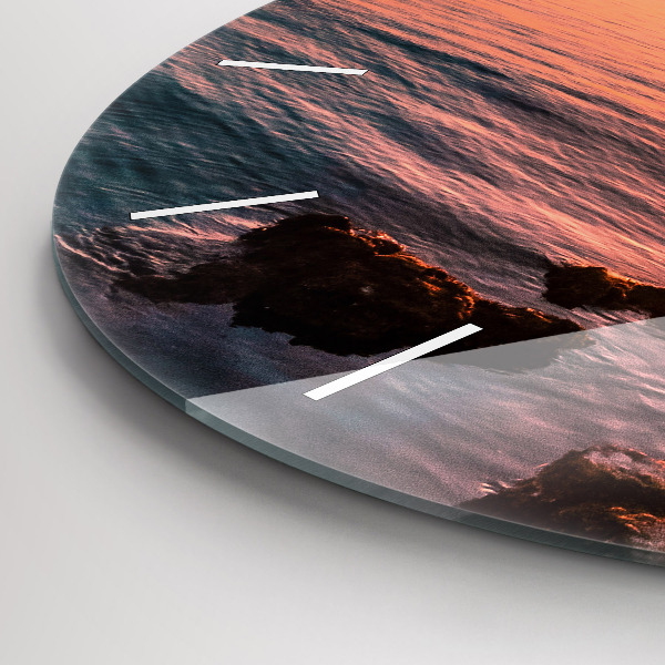 Round glass clock Rocks at sunset