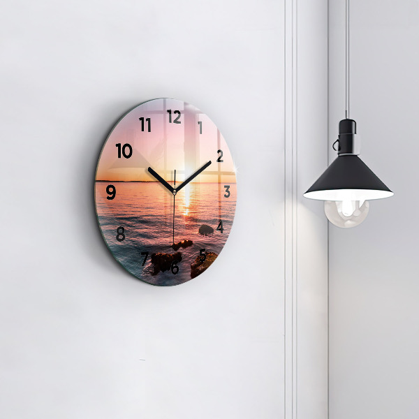 Round glass clock Rocks at sunset