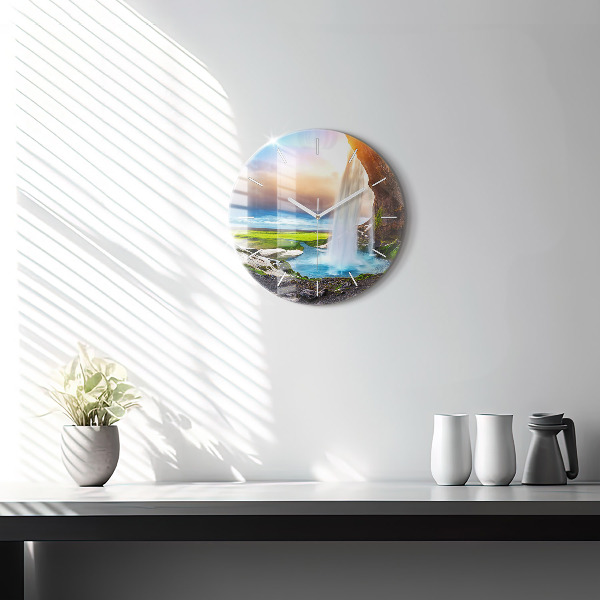Round glass clock Waterfall in Iceland