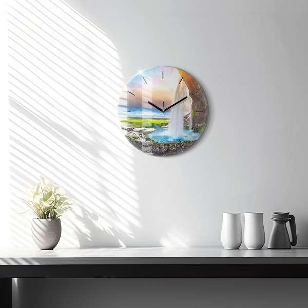 Round glass clock Waterfall in Iceland