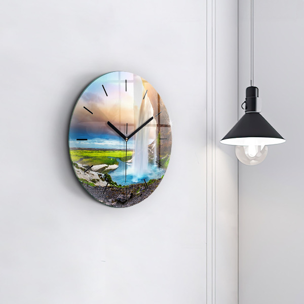 Round glass clock Waterfall in Iceland