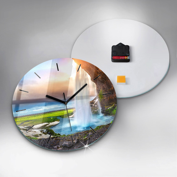Round glass clock Waterfall in Iceland