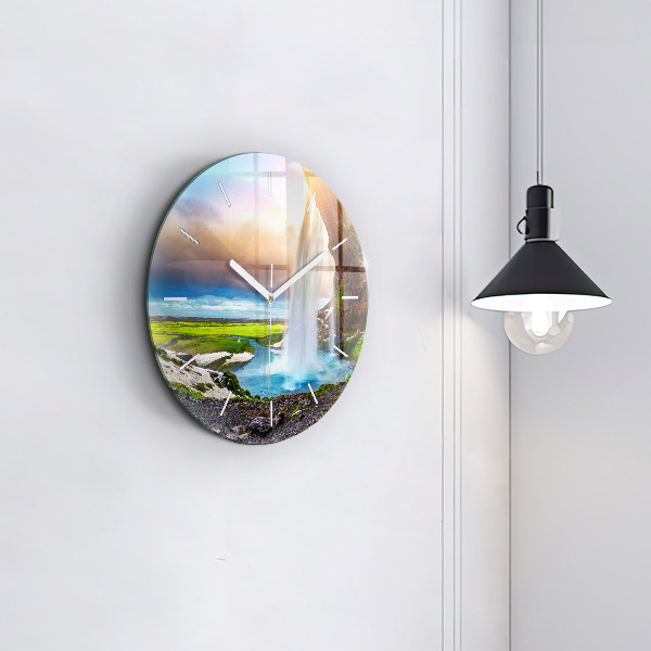Round glass clock Waterfall in Iceland