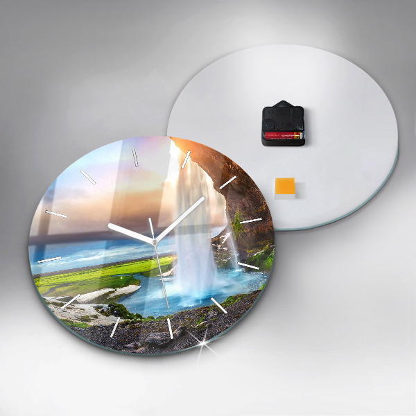 Round glass clock Waterfall in Iceland