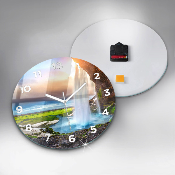 Round glass clock Waterfall in Iceland