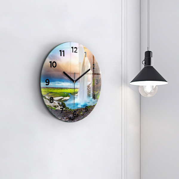 Round glass clock Waterfall in Iceland