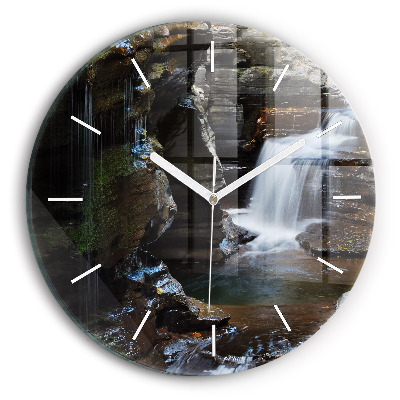 Round glass clock Waterfall and rocks of Iceland
