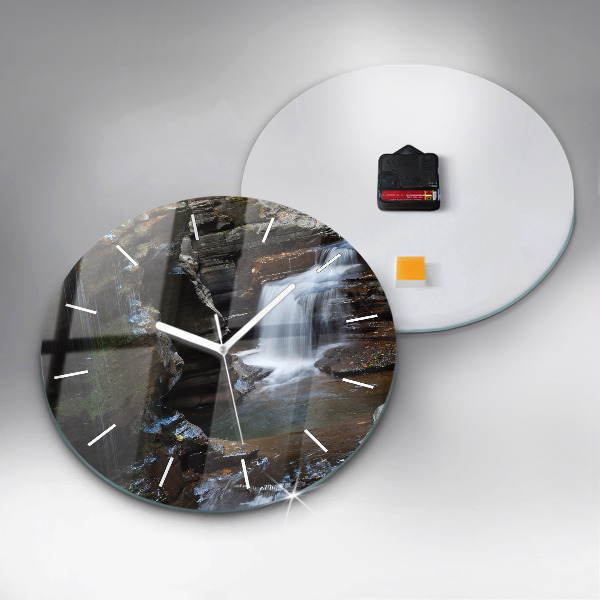 Round glass clock Waterfall and rocks of Iceland