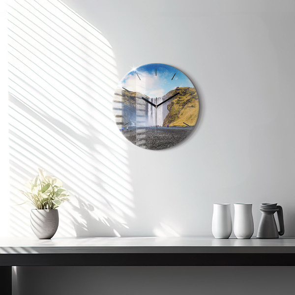 Round glass clock Waterfall in Iceland