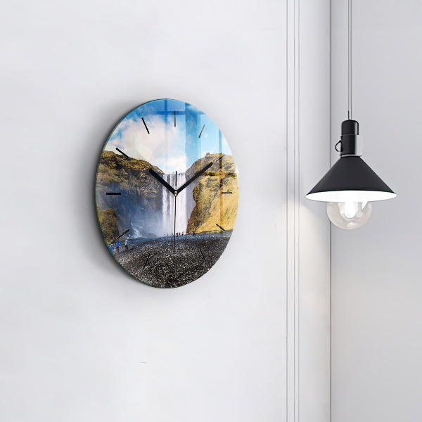 Round glass clock Waterfall in Iceland