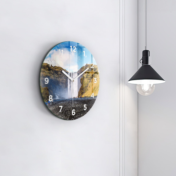 Round glass clock Waterfall in Iceland