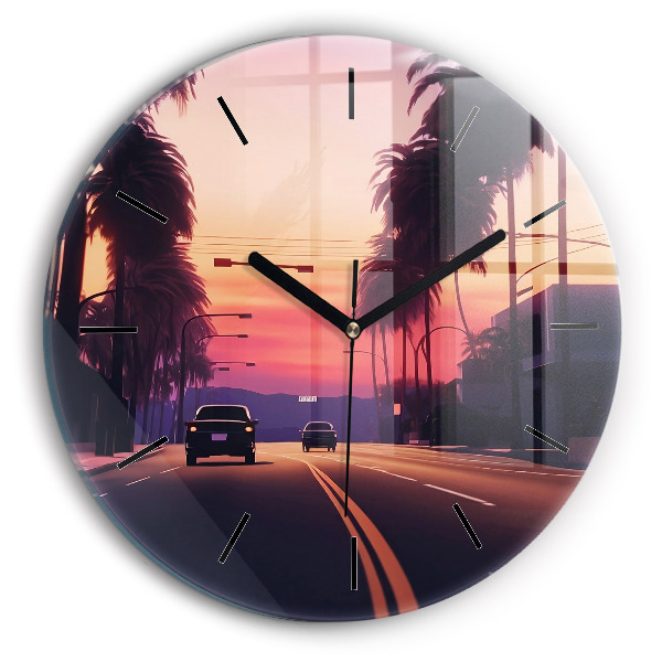 Round glass clock Sunset in LA