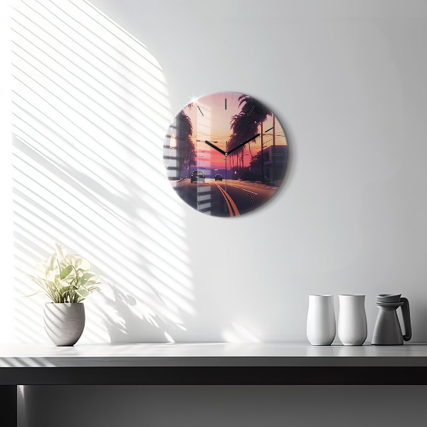 Round glass clock Sunset in LA