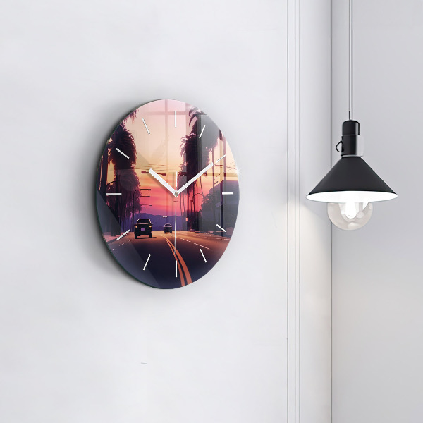 Round glass clock Sunset in LA