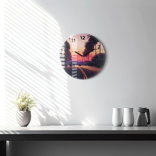 Round glass clock Sunset in LA