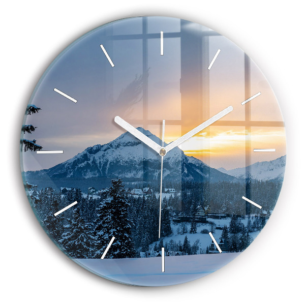 Round glass clock Mountain landscape