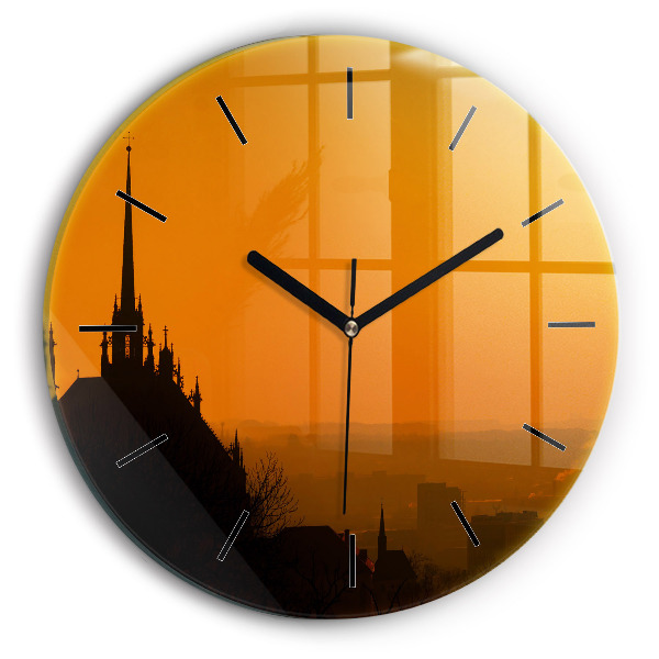 Round glass clock View of the Brno Cathedral