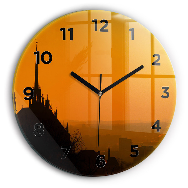 Round glass clock View of the Brno Cathedral
