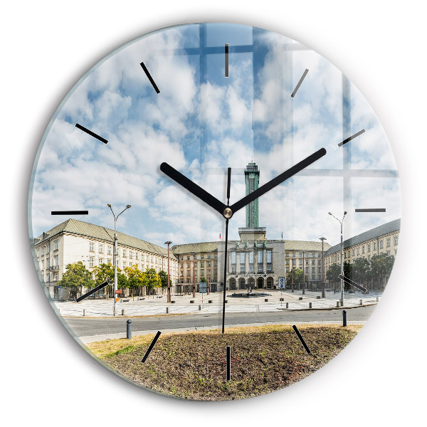 Round glass clock Panorama of the city of Ostrava