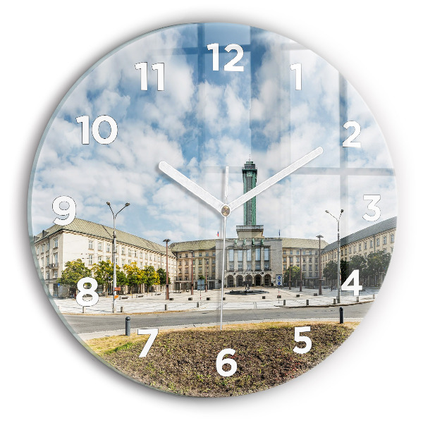 Round glass clock Panorama of the city of Ostrava