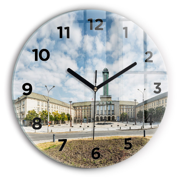 Round glass clock Panorama of the city of Ostrava