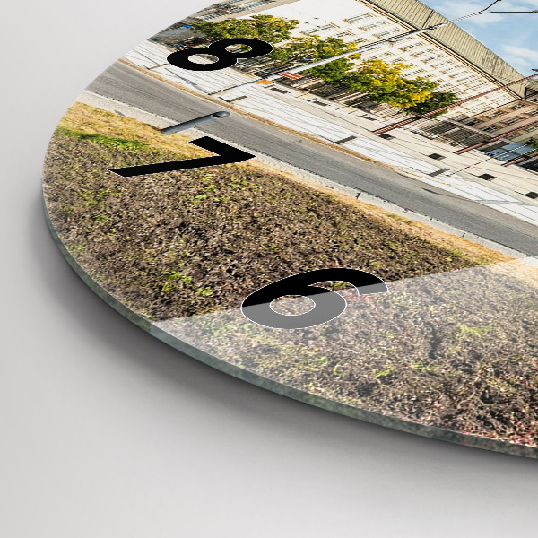 Round glass clock Panorama of the city of Ostrava