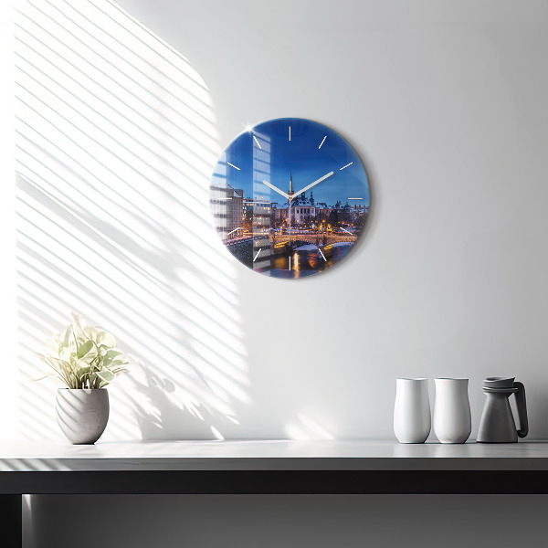 Round glass clock Panorama of the city of Pilsen
