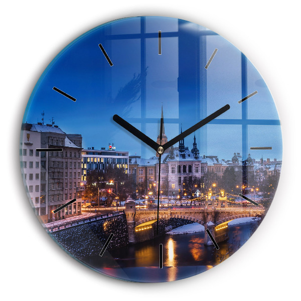 Round glass clock Panorama of the city of Pilsen