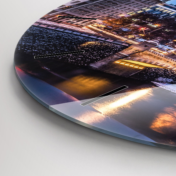Round glass clock Panorama of the city of Pilsen