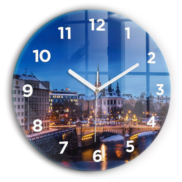 Round glass clock Panorama of the city of Pilsen