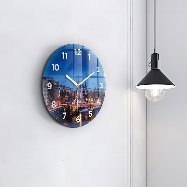 Round glass clock Panorama of the city of Pilsen