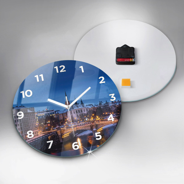 Round glass clock Panorama of the city of Pilsen