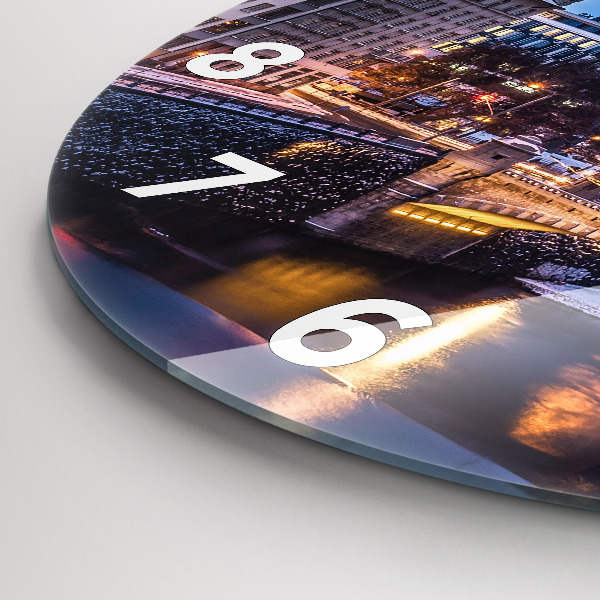 Round glass clock Panorama of the city of Pilsen