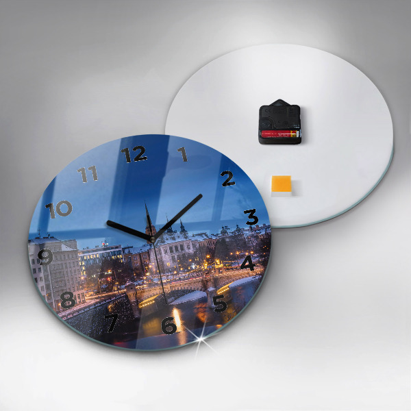 Round glass clock Panorama of the city of Pilsen