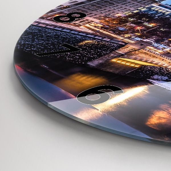 Round glass clock Panorama of the city of Pilsen