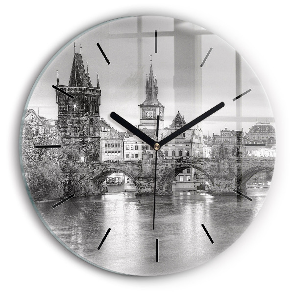 Round glass clock Charles Bridge in Prague