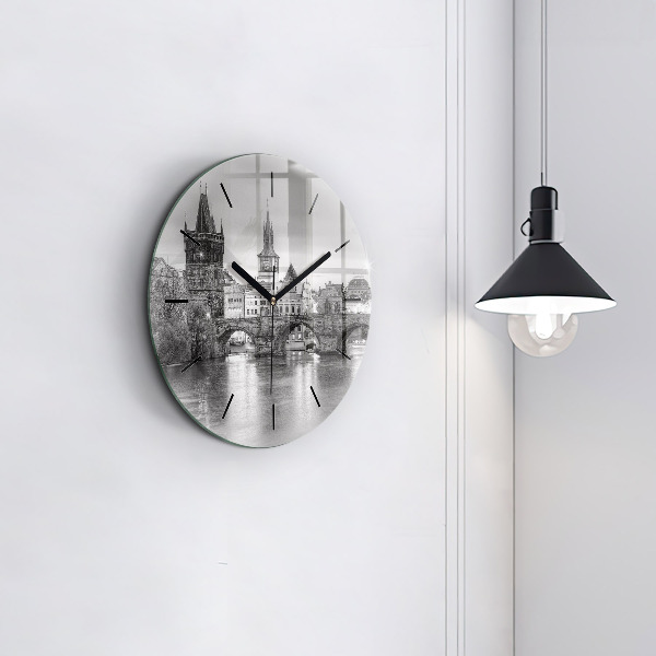Round glass clock Charles Bridge in Prague