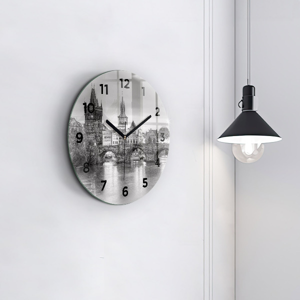 Round glass clock Charles Bridge in Prague