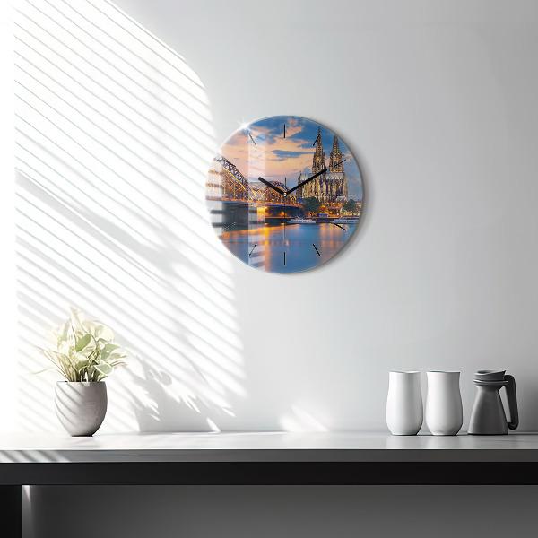 Round glass clock View of the town hall