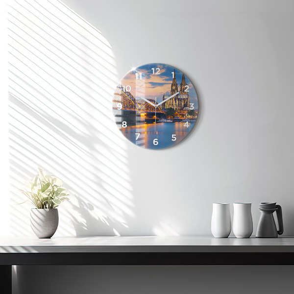 Round glass clock View of the town hall