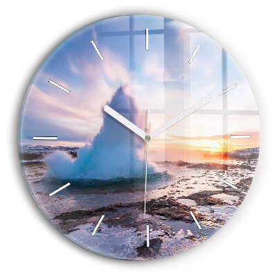 Round glass clock Geyser on the island of Iceland
